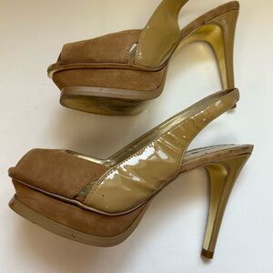 BEBE/high heel shoes/Zahara style/sueded front Patton leather/size 8